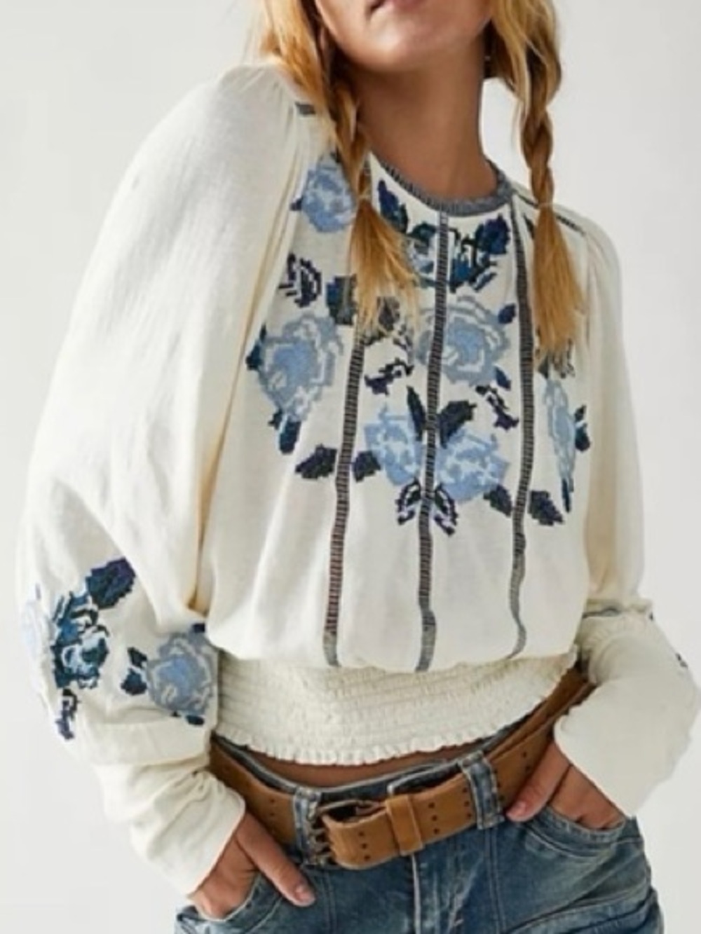 Free People Boho Embroidered Floral Top